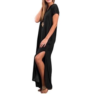 Short Sleeve Medium- Maxi Dress with slit- Black